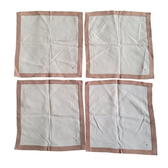 Vintage Luncheon Cocktail Napkins Cream with Brown Trim Orange and Brown Stitch - Picture 4 of 5